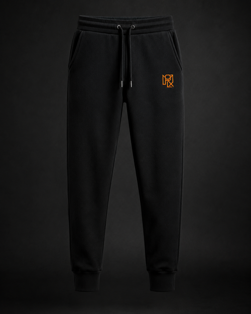 MORLX black heavyweight joggers with orange monogram