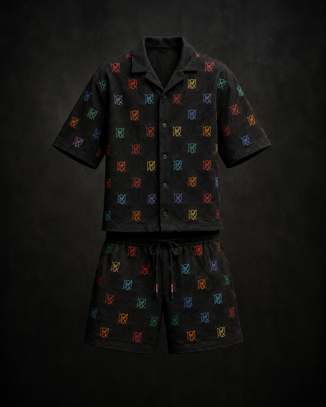 MORLX Spectrum black knitted shirt and shorts set with multicolour monogram
