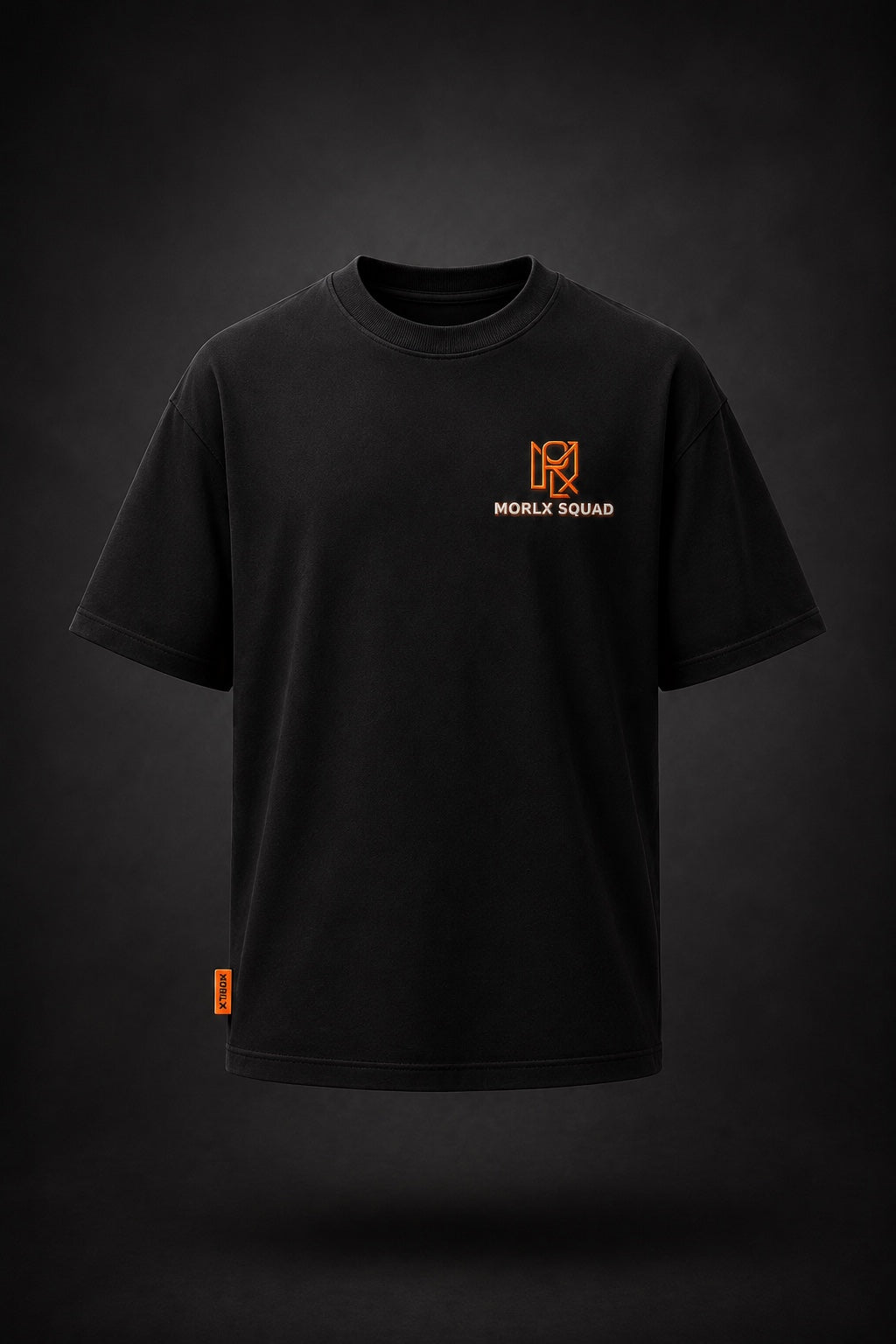 MORLX Squad kids heavyweight T-shirt front with orange MORLX monogram and MORLX Squad chest branding