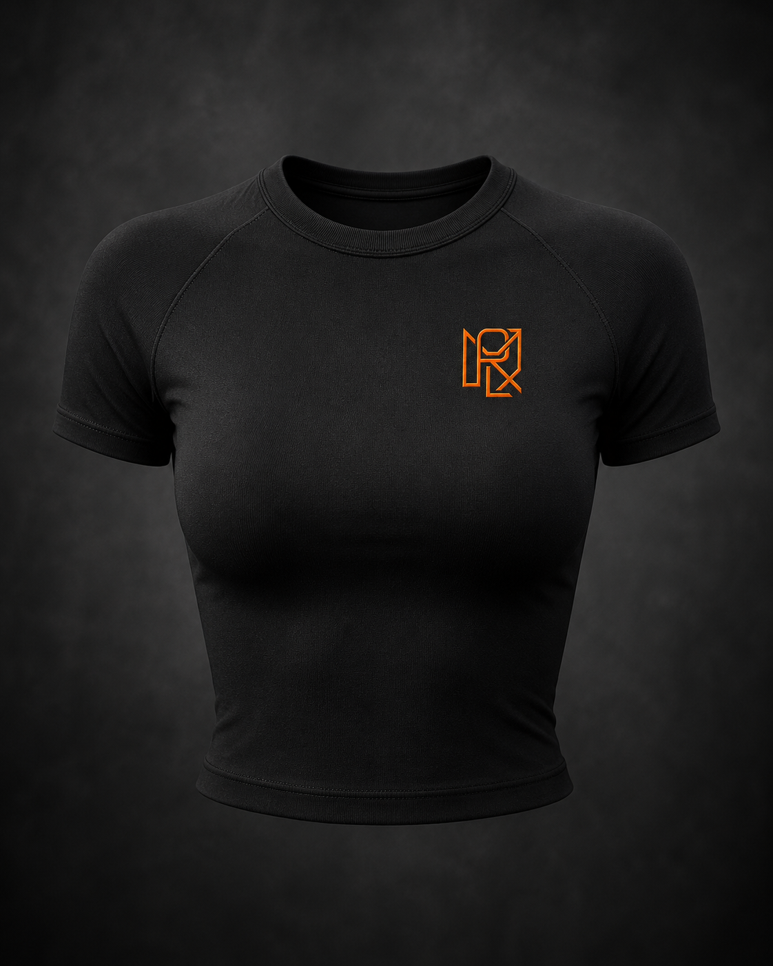 MORLX women's black performance crop top with orange monogram