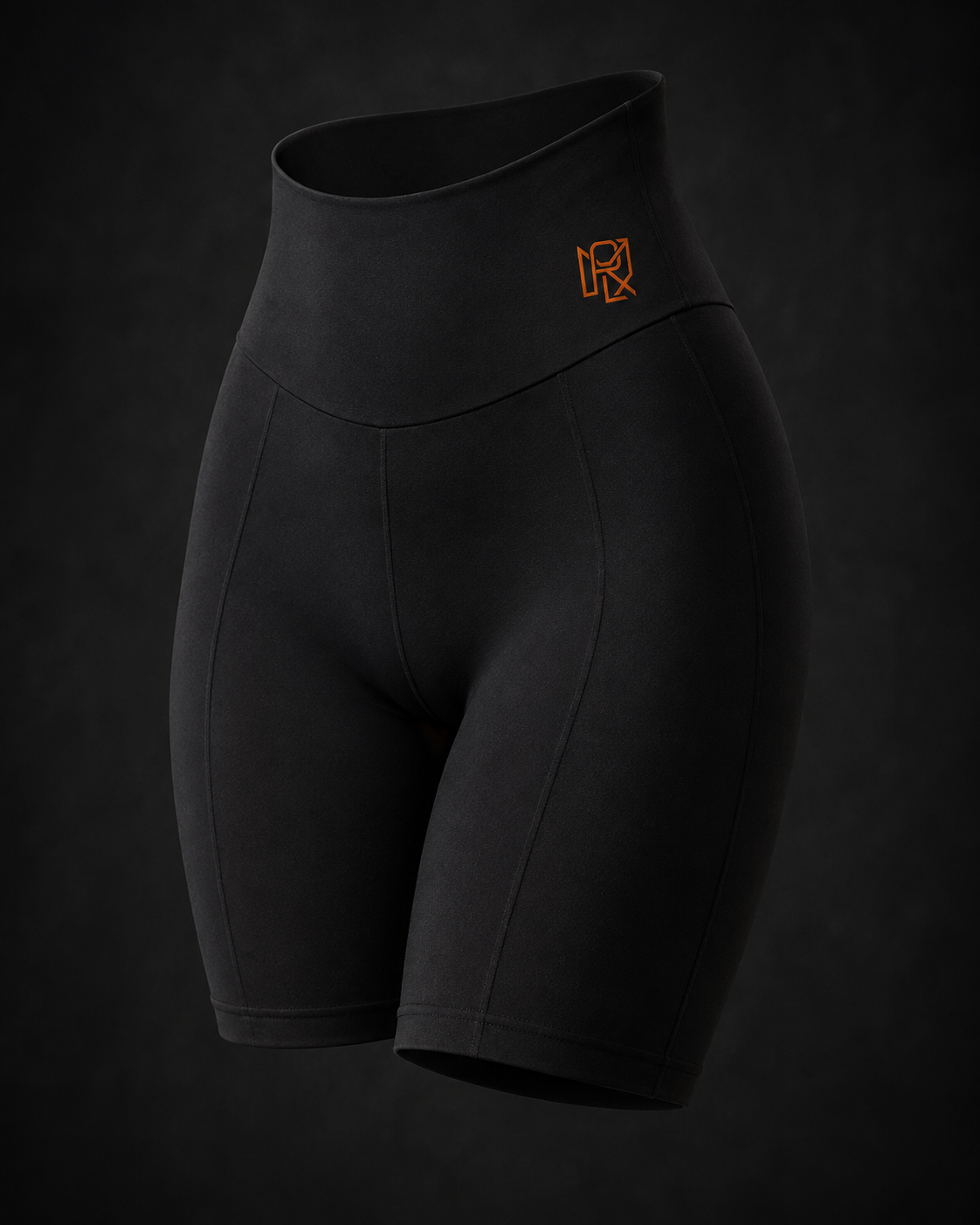 MORLX women's black high-waisted performance cycling shorts with orange monogram