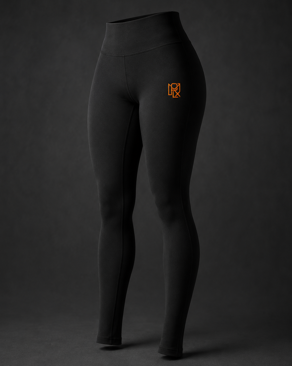MORLX women's black high-waisted performance leggings with orange monogram