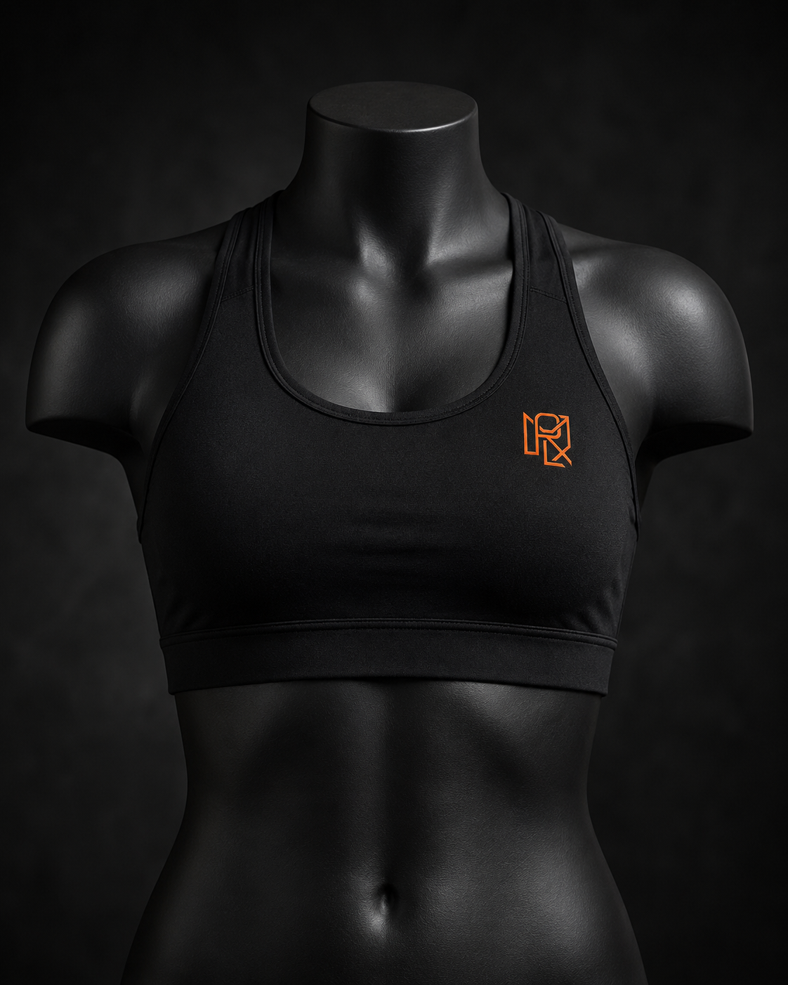 MORLX women's black performance sports bra with orange monogram